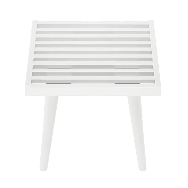 White slatted wooden side table with modern minimalist design.