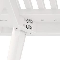 Close-up view of a white metal bunk bed frame corner with visible screws and slats, showcasing sturdy construction and modern design.