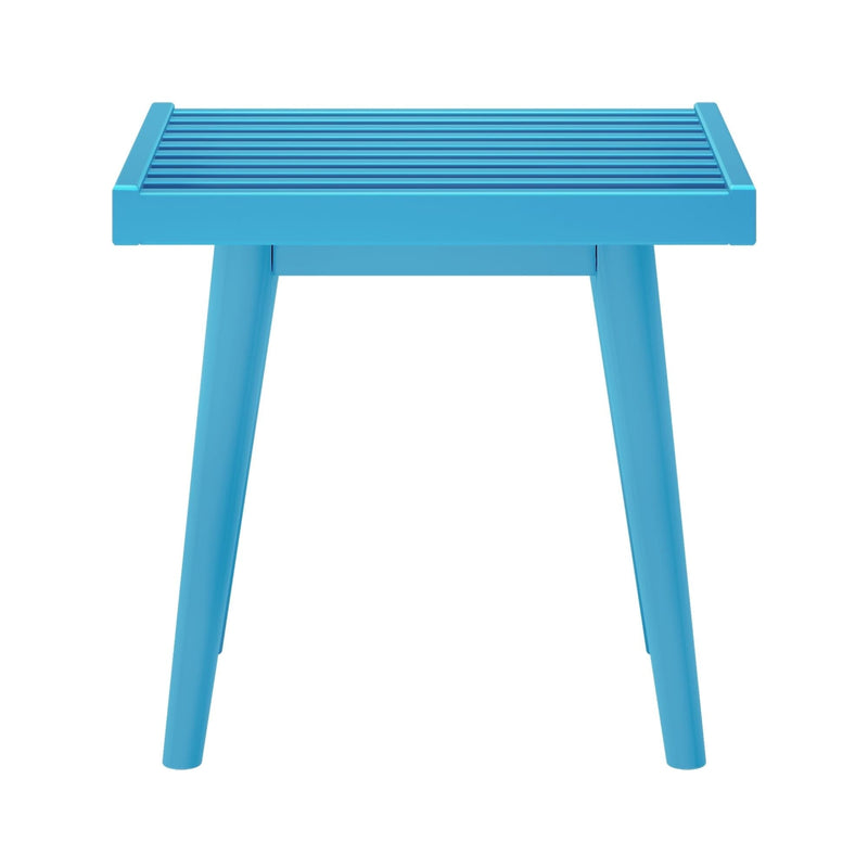Blue wooden slat table with angled legs for modern home decor.
