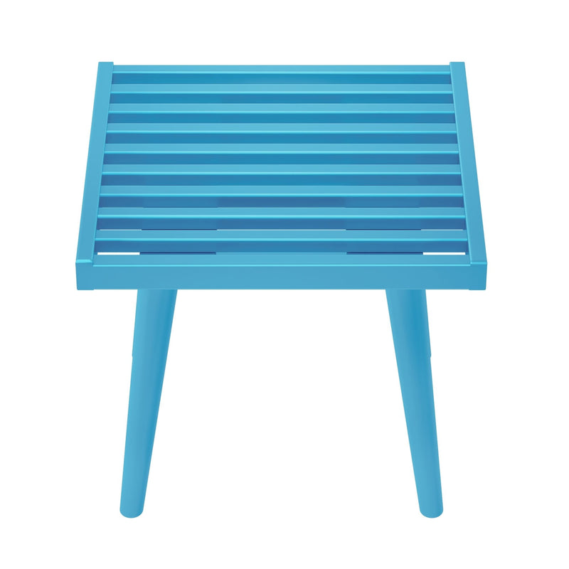 Modern turquoise blue slatted outdoor side table with rectangular top and tapered legs on white background