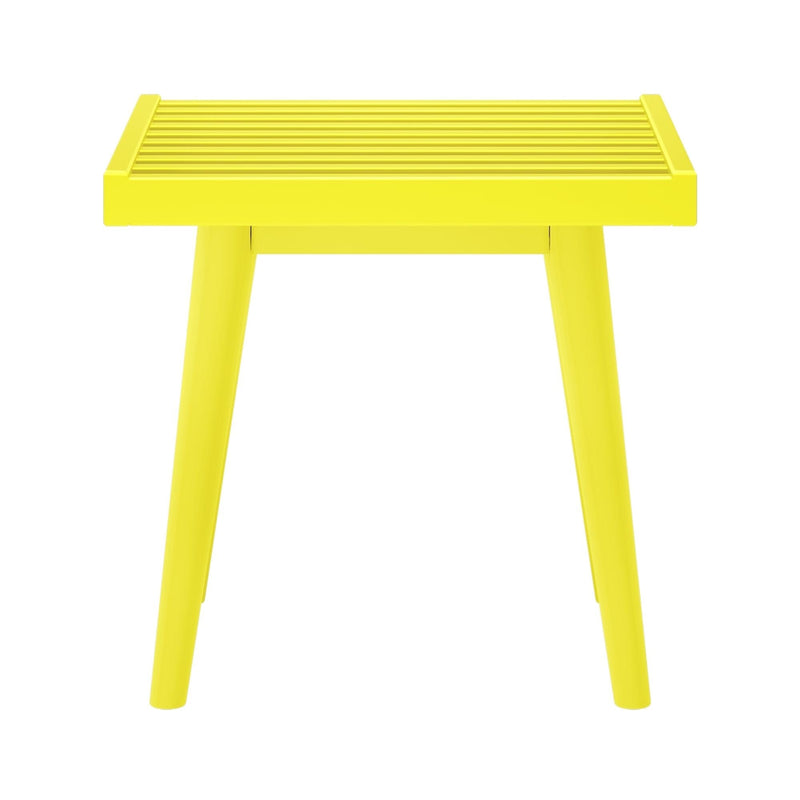 Bright yellow modern side table with slatted top design.