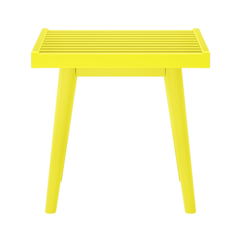 Bright yellow slatted-top stool with tapered legs on a white background