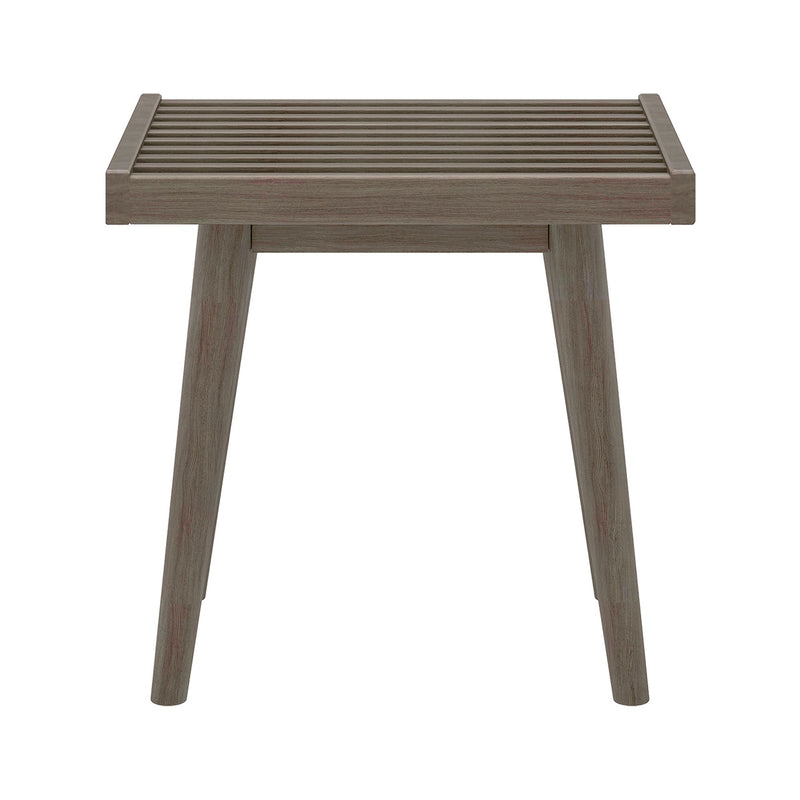 Slatted wooden stool with tapered legs and weathered gray finish, modern farmhouse accent seat