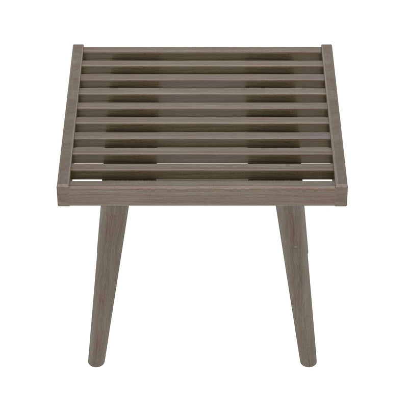 Gray weathered wood slatted stool top with tapered legs, modern farmhouse wooden side stool or bench seat