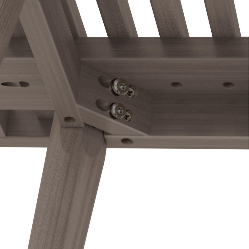 Close-up of wooden bed frame underside showing angled slats, brown stained support beams, pre-drilled dowel holes and metal screws for furniture assembly.