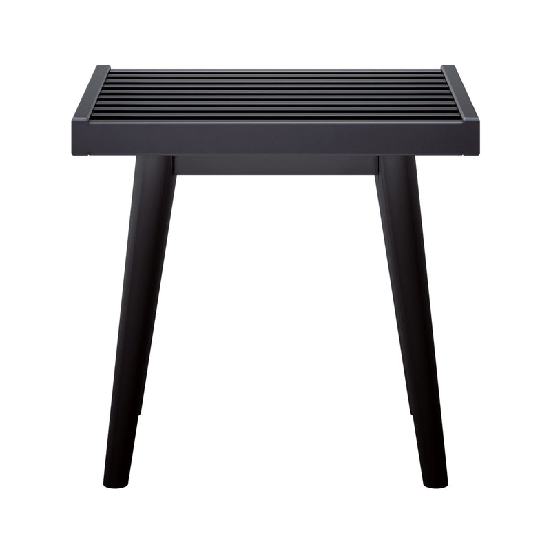 Black metal side table with slatted top and sleek modern design.
