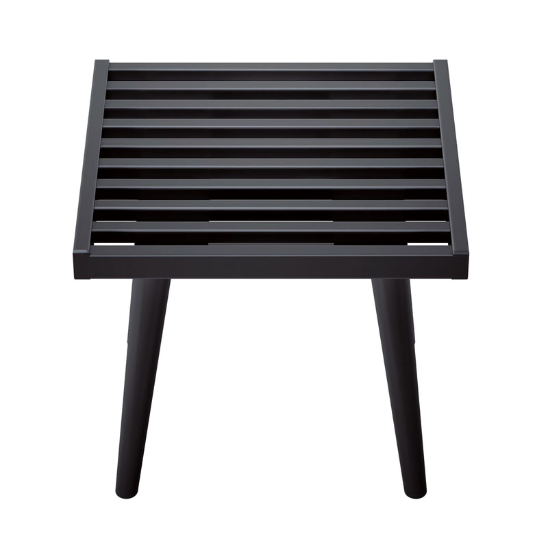 Black slatted stool seat with tapered legs, modern outdoor/indoor accent stool close-up on white background