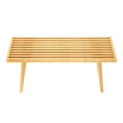 Minimalist wooden slatted bench with natural finish and modern design.