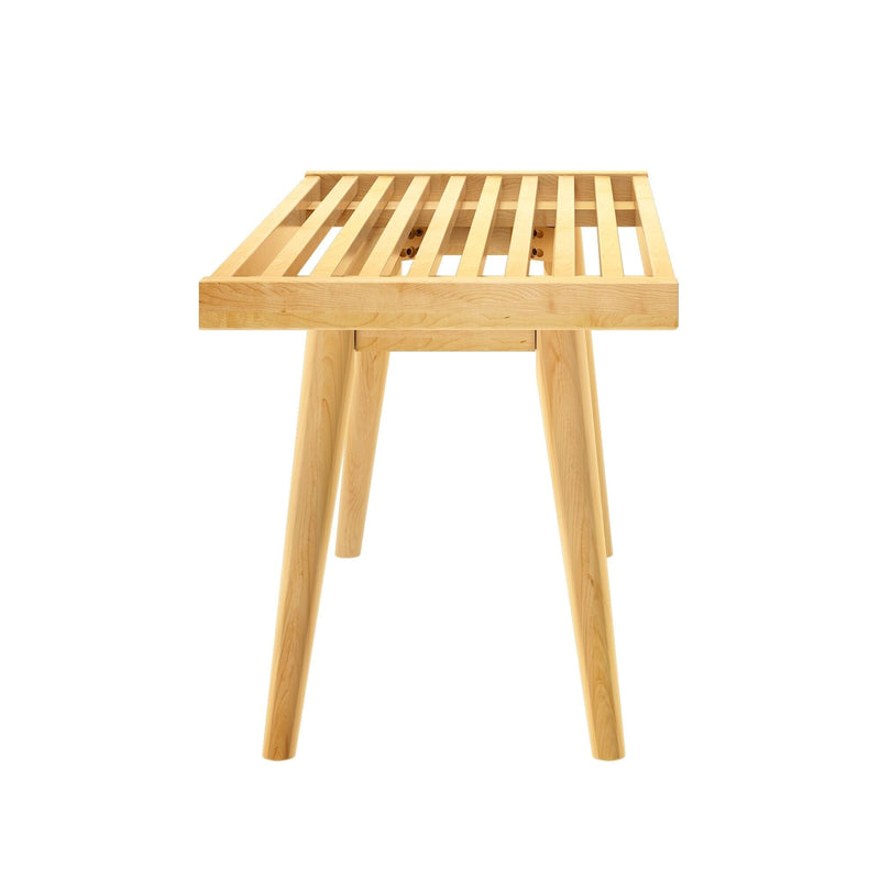 Modern wooden slatted table with minimalist design and natural finish.