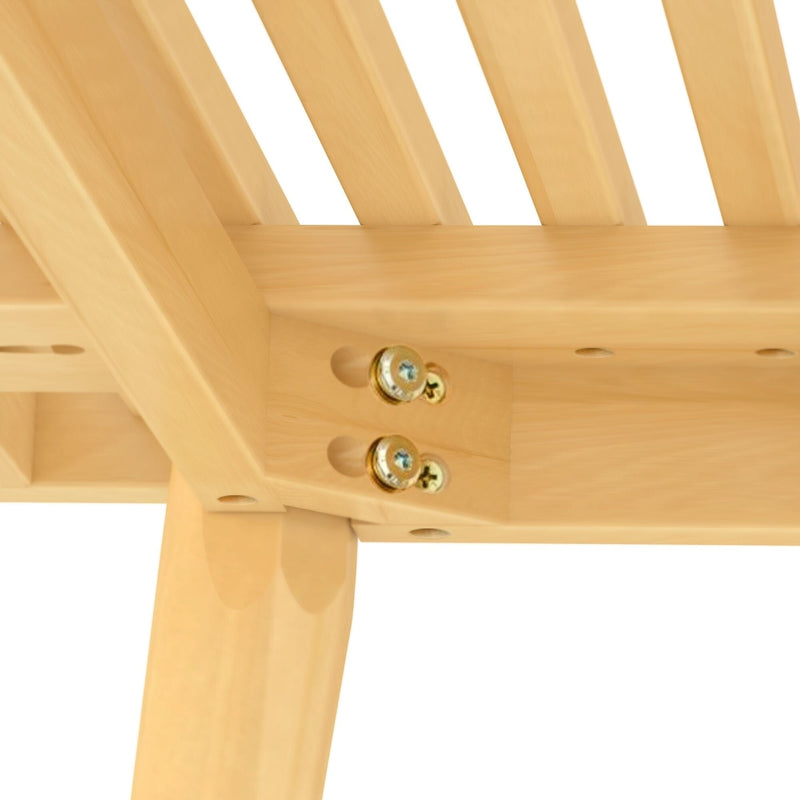 Close-up of wooden bed frame corner with gold screws for sturdy assembly.