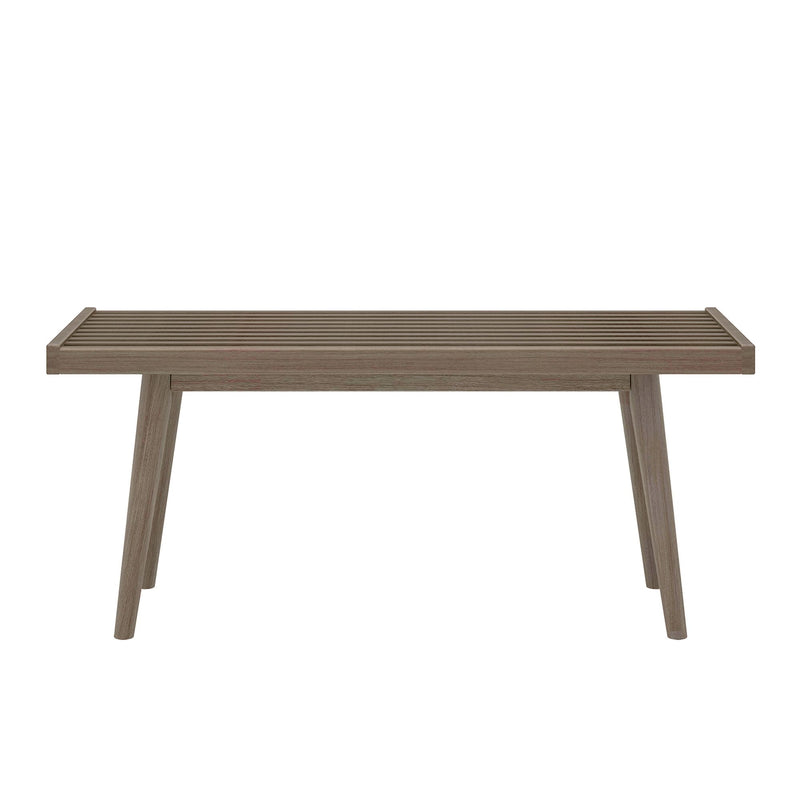 Modern wooden slatted bench with angled legs and weathered brown finish, minimalist patio or garden seating isolated on white background