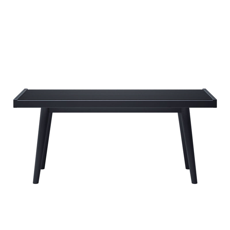 Black slatted wooden bench with modern design for outdoor use.