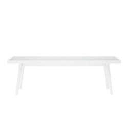 White modern outdoor bench with slatted seat and minimalist design.