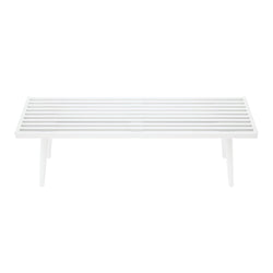 White modern minimalist slatted wooden bench on a plain background.