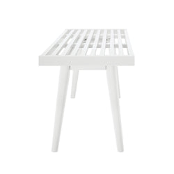 Modern white slatted bench with minimalist design and angled legs.