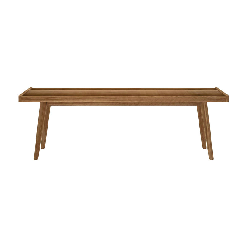 Wooden slatted bench with tapered legs and natural wood finish on white background