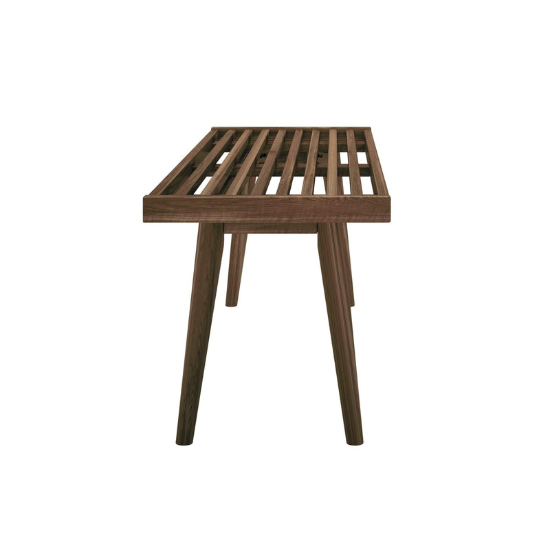 Wooden slatted bench with sleek design and sturdy legs.
