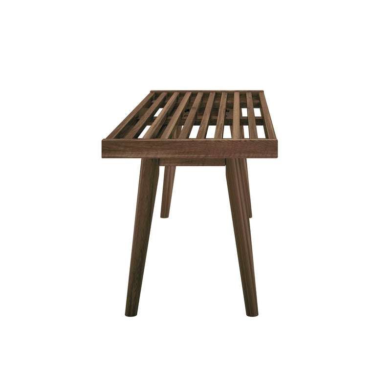 Mid-century modern wooden slatted bench with tapered legs in walnut finish, ideal for entryway or patio seating