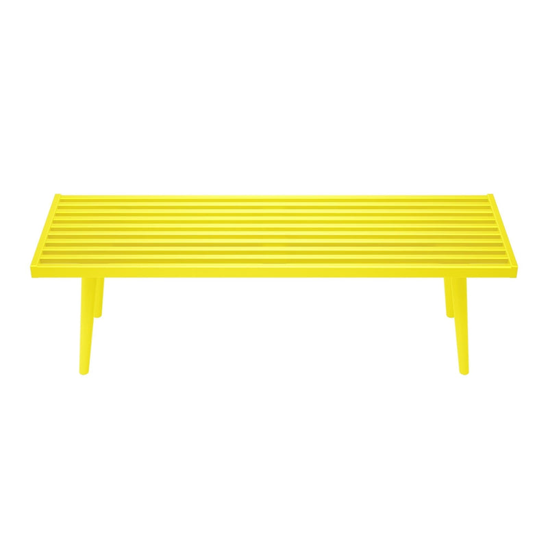 Yellow modern slatted bench on white background.