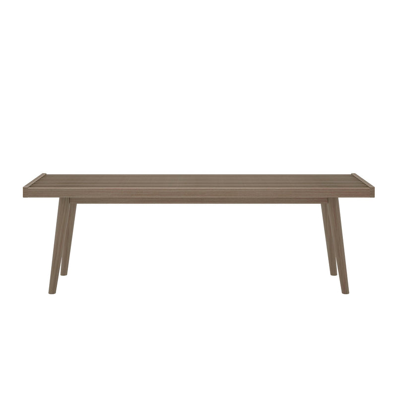 Modern wooden table with slatted top and tapered angled legs in natural oak finish on white background