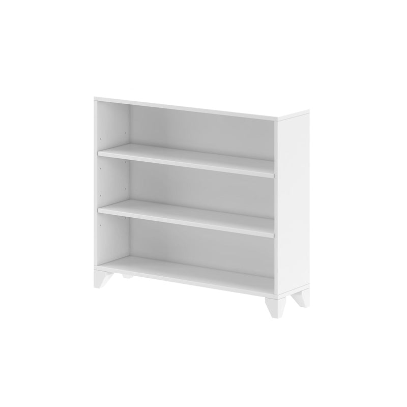 White wooden bookshelf with three open adjustable shelves and tapered legs, modern minimalist bookcase for living room, bedroom, or home office storage