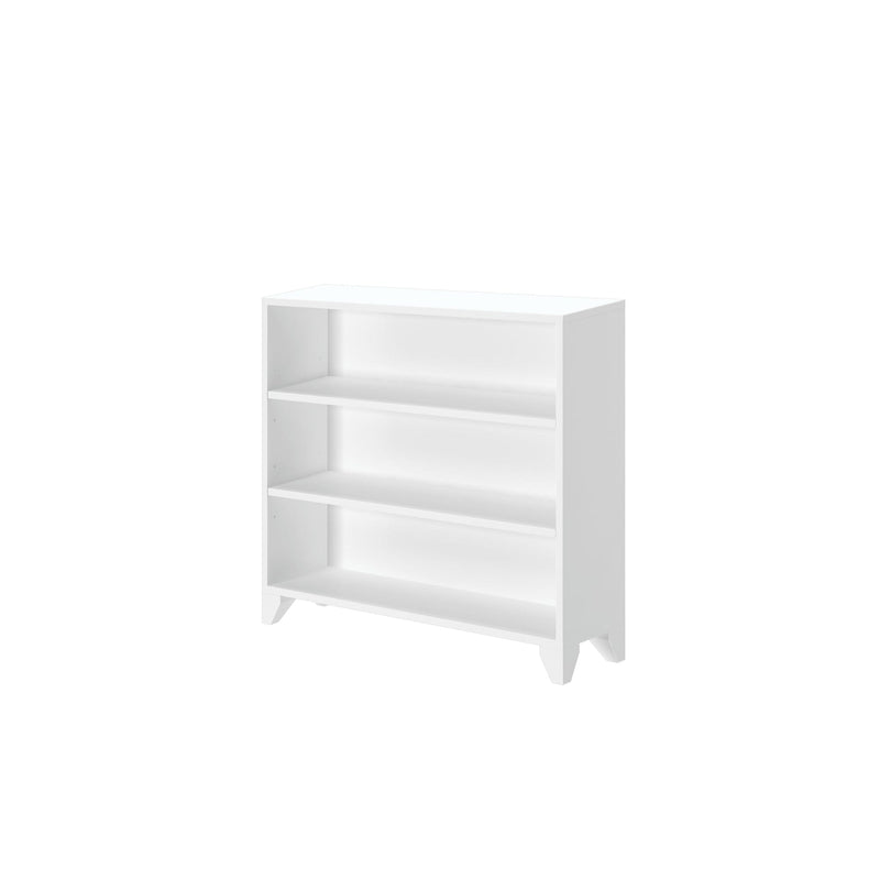 White three-tier wooden bookshelf on a white background.