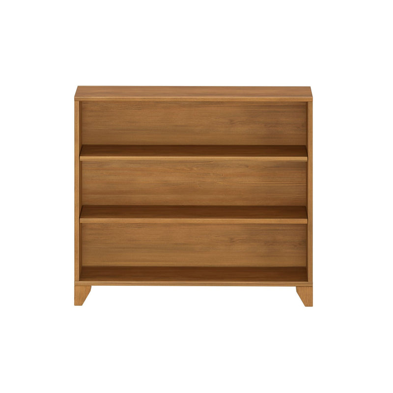 Natural oak three-tier shoe cabinet with slanted front shelves, mid-century modern style