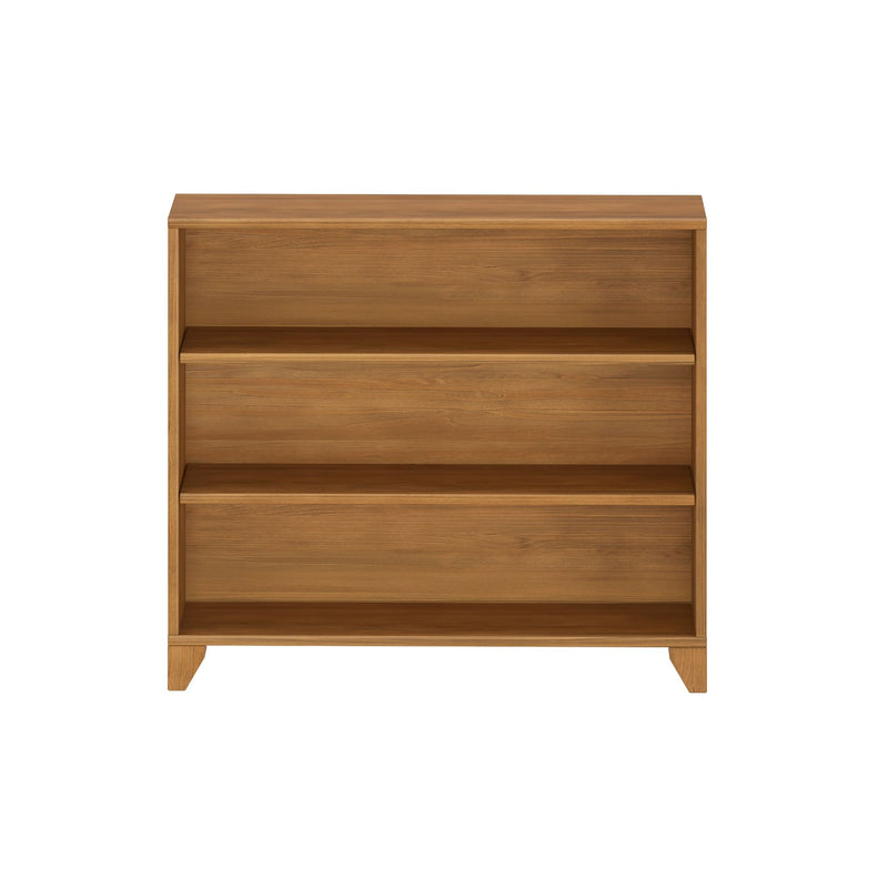 Oak-finish wooden bookshelf with three open shelves — minimalist 3-tier storage unit for living room or home office
