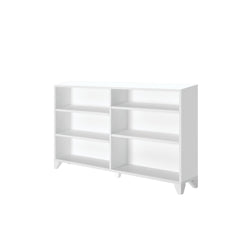 White wooden bookshelf with six open shelves, modern minimalist design for home or office storage.