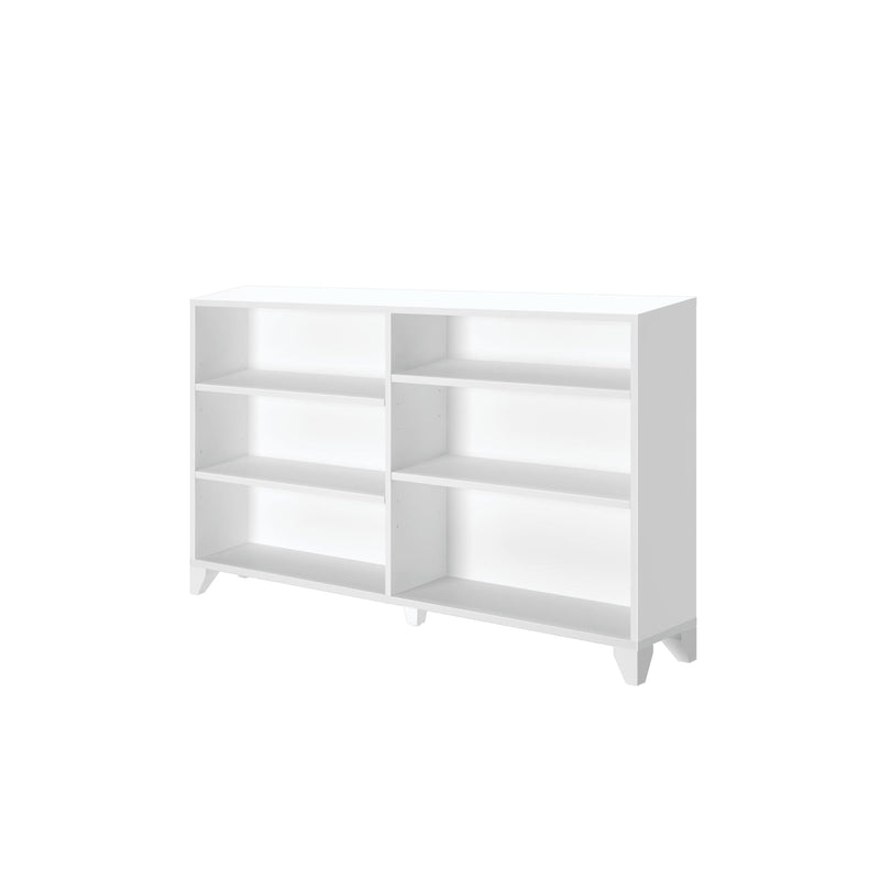 White wooden bookshelf with six open shelves, modern minimalist design for home or office storage.