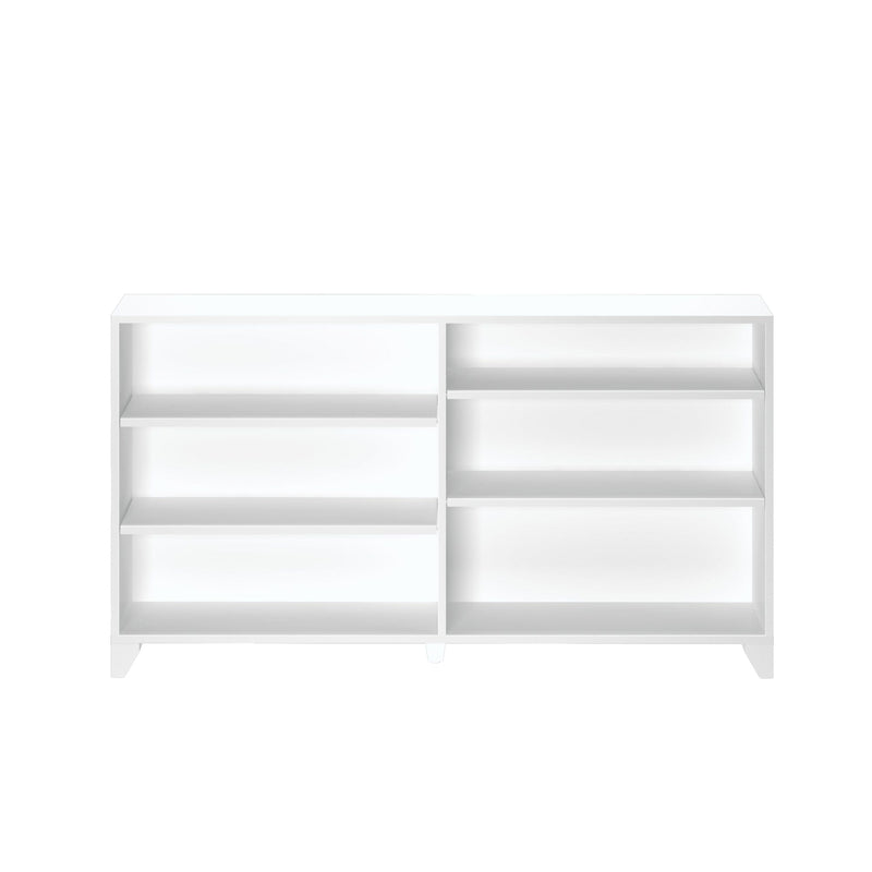 White modern bookshelf with multiple shelves for home or office organization.