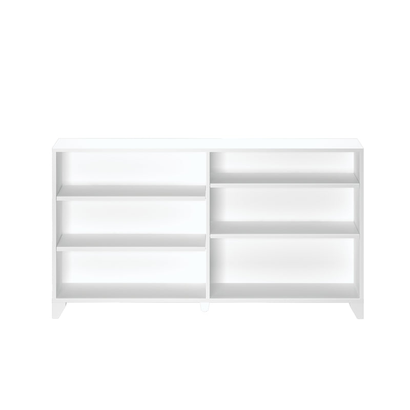 White modern open shelving unit with six compartments and three adjustable shelves, minimalist white bookshelf storage cabinet for living room, bedroom or office