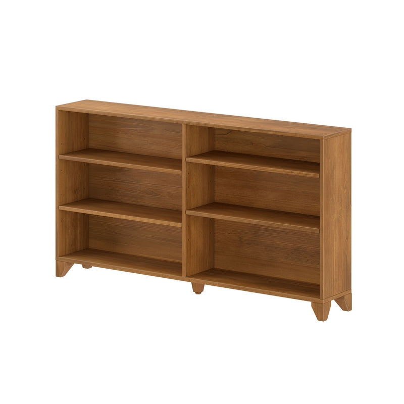 Mid-century modern natural oak wooden bookshelf with open cubby shelves and tapered legs, versatile living room bookcase for storage