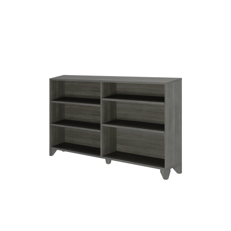 Gray wooden bookcase with six open shelves for home or office storage.