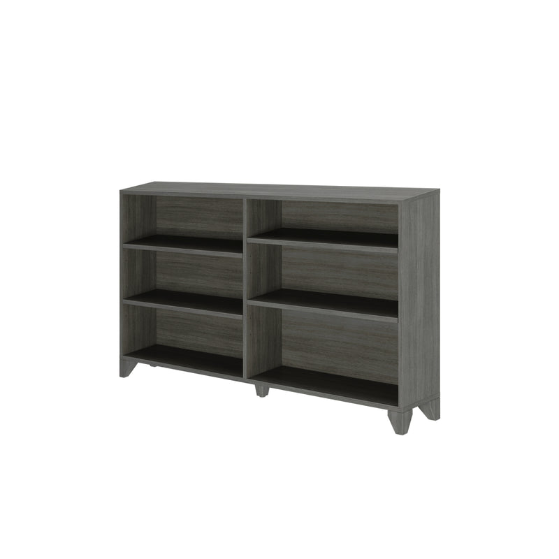 Gray wood bookcase storage shelf with six open cubbies and tapered mid-century legs, modern entryway or living room organizer for books and decor