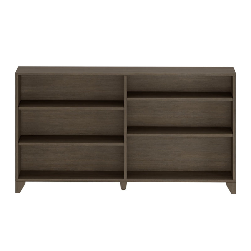Modern brown wood dresser with multiple open shelves and drawers, mid-century style bedroom storage cabinet