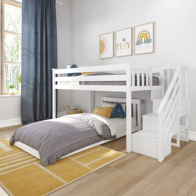 Children's bright bedroom with white wooden bunk bed and stairs, gray bedding, mustard yellow rug, blue curtains and playful nursery wall art