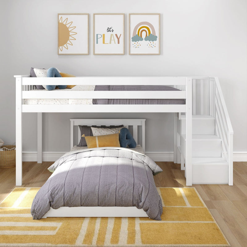 White wooden bunk bed in modern neutral kids bedroom with gray bedding, mustard pillows and three framed sun, "let's play" and rainbow wall art