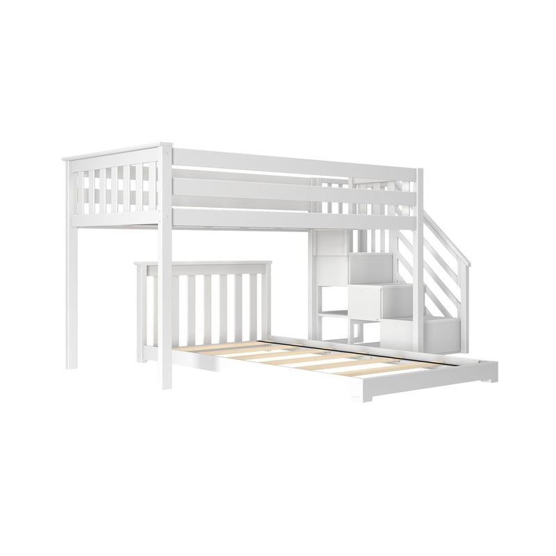 White wooden loft bed with guardrail and staircase storage drawers above lower bed frame — space-saving kids bunk bed