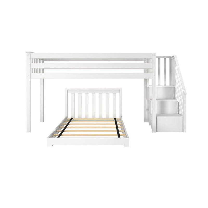White wooden loft bunk bed with built-in storage stairs, slatted headboard and twin bed slats