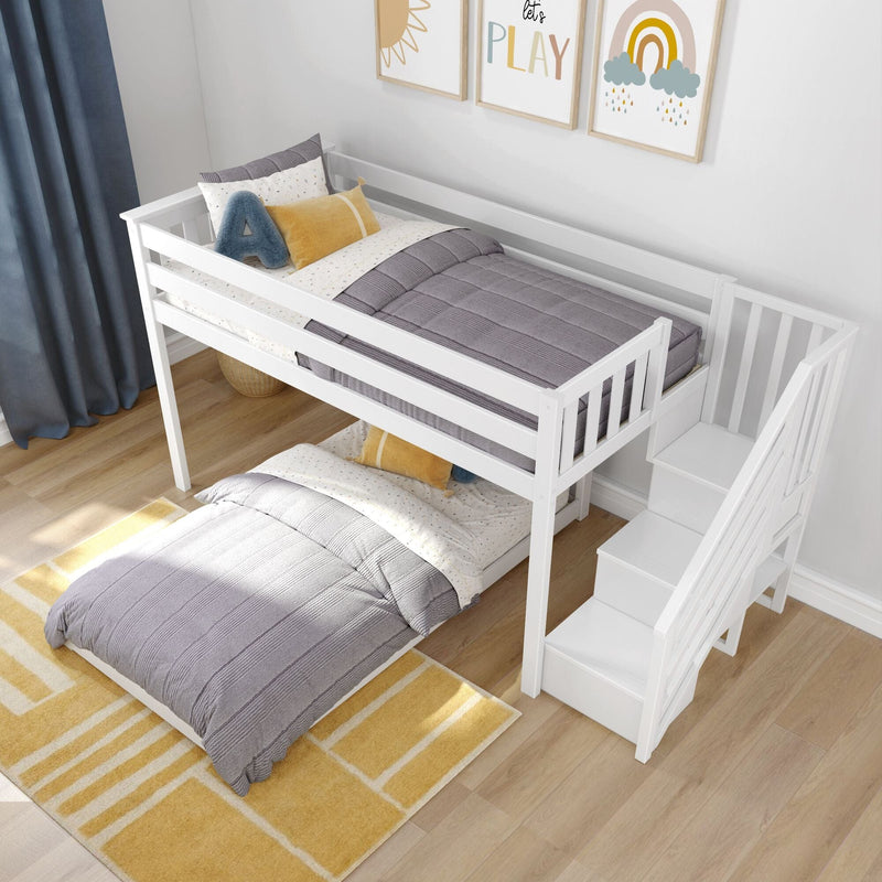 White loft bunk bed with stairs in modern kids bedroom, grey quilted bedding, yellow accent pillows and blue letter-A cushion, rainbow "Let’s Play" wall art, hardwood floor and yellow striped rug