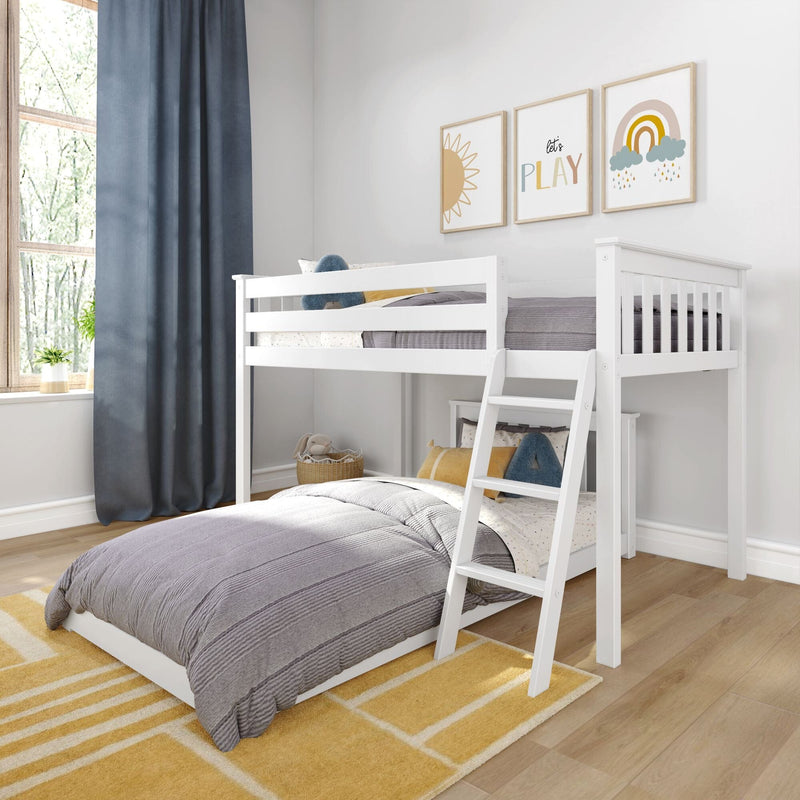 White wooden bunk bed in modern kids' bedroom with gray bedding, yellow striped rug, blue curtains and playful sun and rainbow wall art