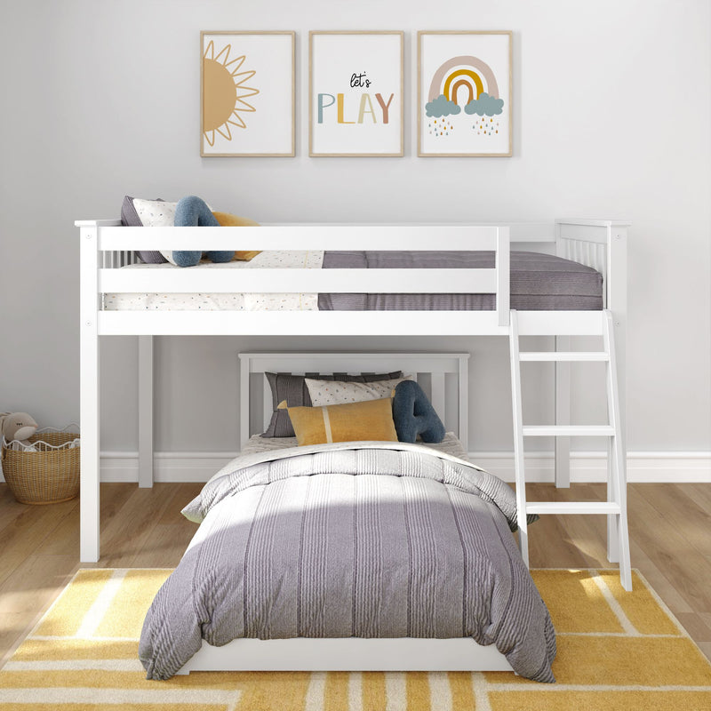 White wooden twin-over-twin loft bunk bed with ladder in modern children's bedroom, gray bedding, mustard-yellow accents, playful wall art and yellow rug