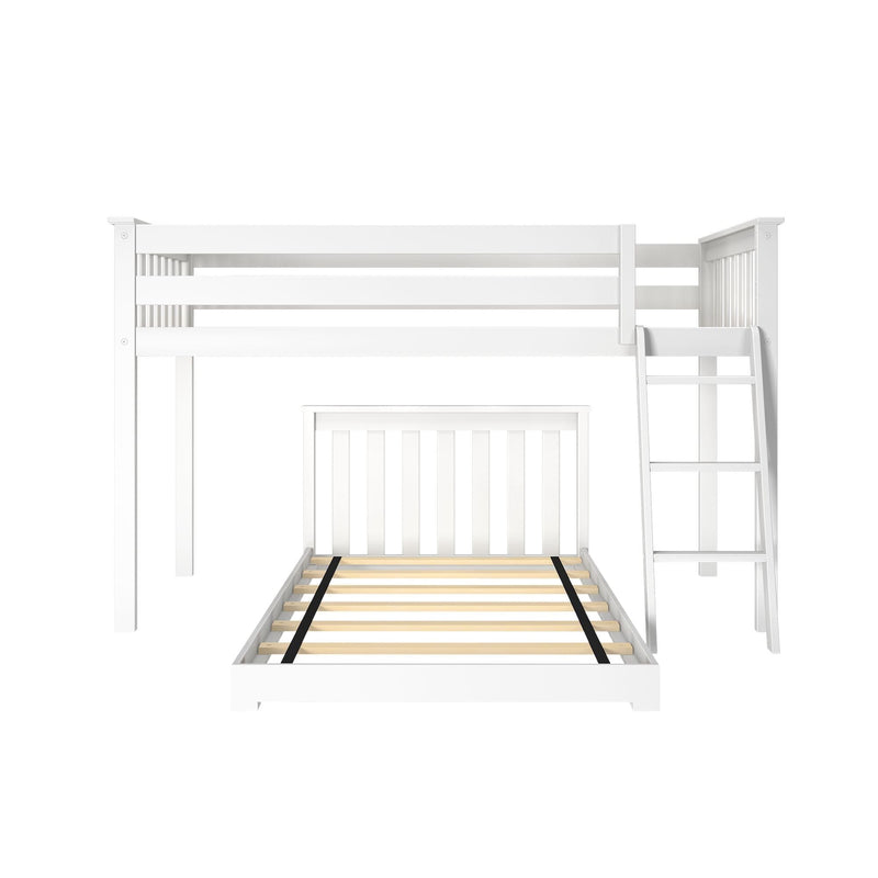 White solid wood loft bed with ladder and slatted twin bed frame, modern children's bunk for nursery or teen bedroom