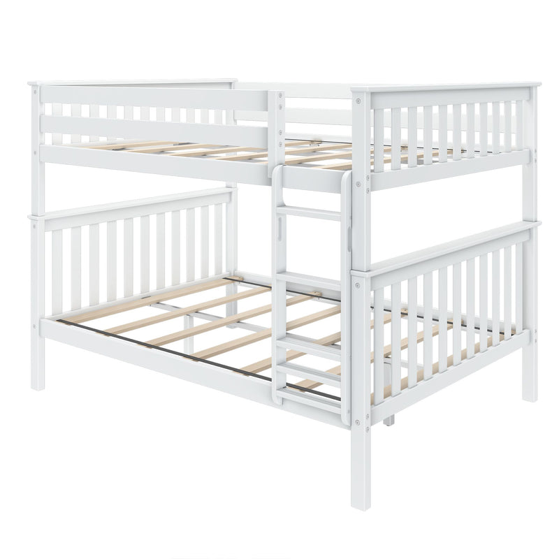 White wooden bunk bed frame with ladder and slatted design for children’s bedroom.