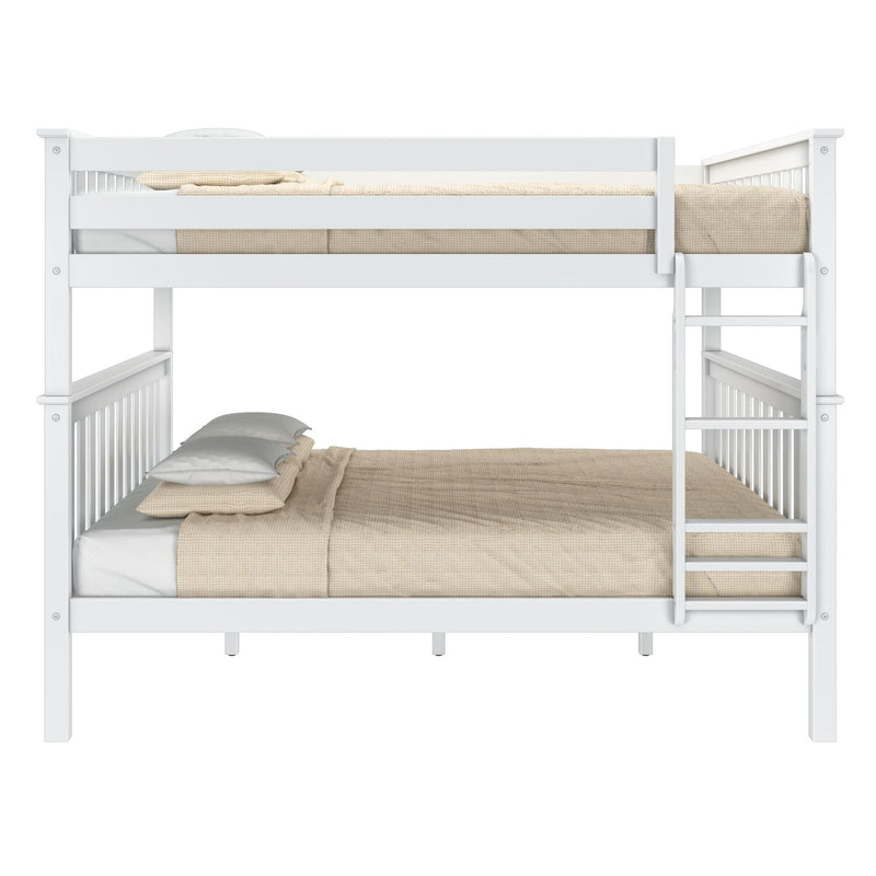 White wooden bunk bed with beige bedding and ladder in a modern bedroom setting.