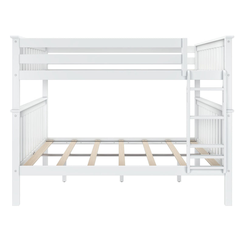 White wooden loft bed frame with ladder, guard rails and slatted mattress support, modern space-saving bunk bed for kids and nursery