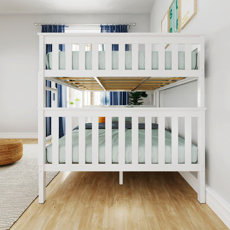 Modern white wooden bunk beds in a bright bedroom with hardwood floors and blue curtains.