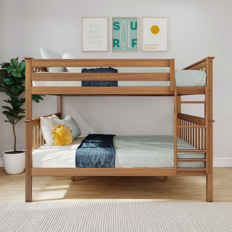 Solid wood twin-over-twin bunk bed with ladder and guardrails in a modern kids' bedroom, light blue bedding, navy throw, smiling sun plush pillow, surf and sunshine wall art, potted plant on hardwood floor