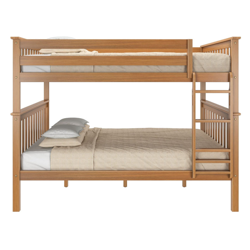 Solid wood two-tier bunk bed with ladder in natural oak finish and beige bedding, space-saving bedroom solution for kids and guest rooms.